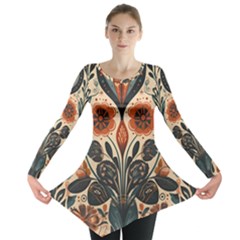 Flower Leaves Floral Long Sleeve Tunic  by pakminggu