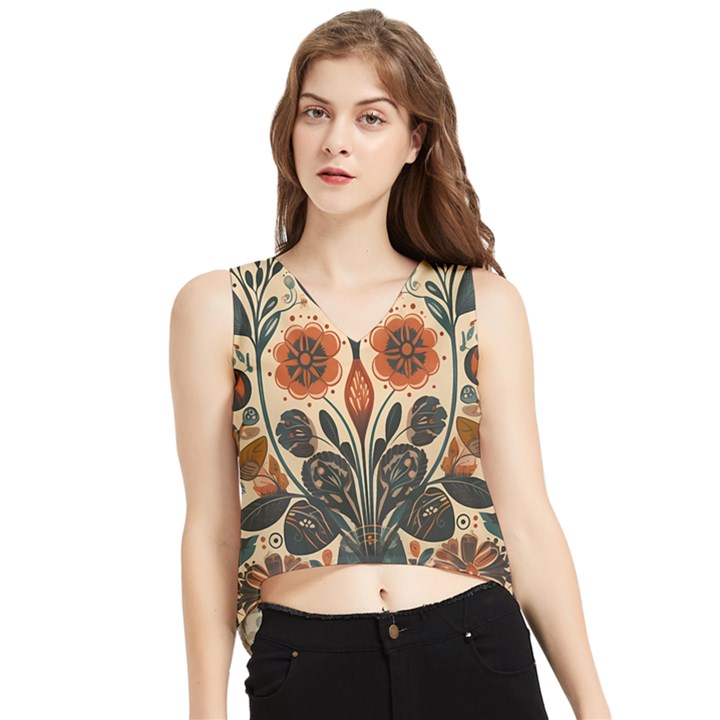 Flower Leaves Floral V-Neck Cropped Tank Top