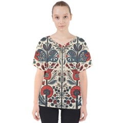 Flowers Leaves Floral V-neck Dolman Drape Top by pakminggu