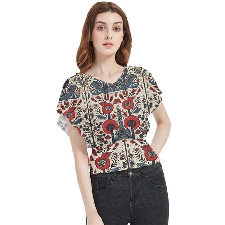 Flowers Leaves Floral Butterfly Chiffon Blouse