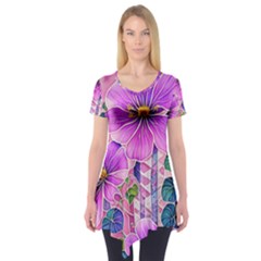 Flowers Leaves Short Sleeve Tunic 