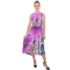 Flowers Leaves Midi Tie-Back Chiffon Dress