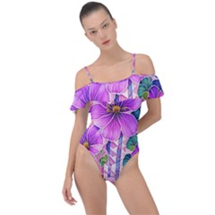 Flowers Leaves Frill Detail One Piece Swimsuit