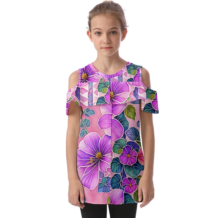 Flowers Leaves Fold Over Open Sleeve Top