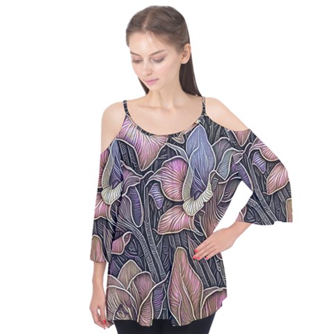 Flowers Iris Plant Flutter Sleeve T-shirt  by pakminggu