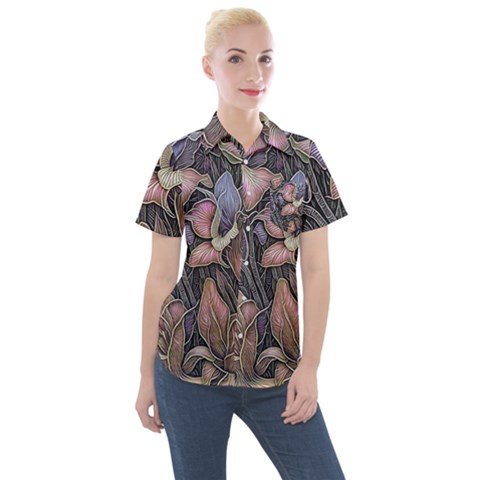 Flowers Iris Plant Women s Short Sleeve Pocket Shirt by pakminggu