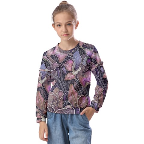 Flowers Iris Plant Kids  Long Sleeve T-shirt With Frill  by pakminggu