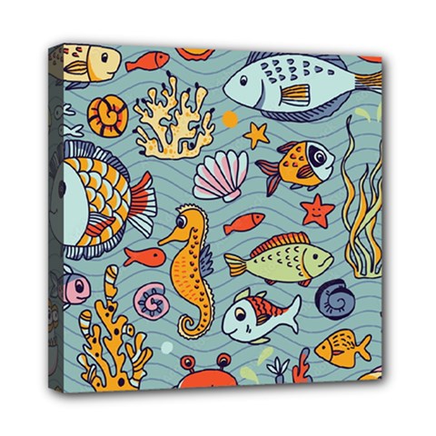 Cartoon Underwater Seamless Pattern With Crab Fish Seahorse Coral Marine Elements Mini Canvas 8  x 8  (Stretched)