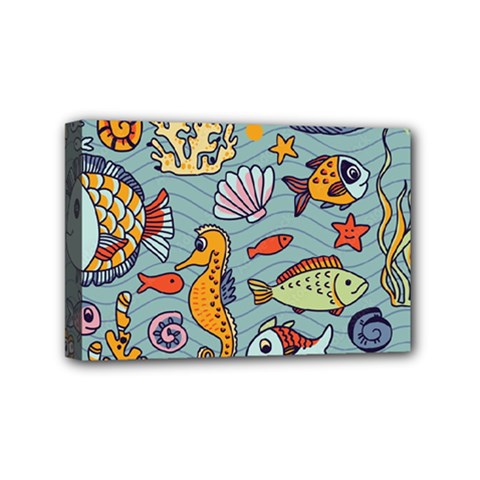 Cartoon Underwater Seamless Pattern With Crab Fish Seahorse Coral Marine Elements Mini Canvas 6  x 4  (Stretched)