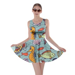 Cartoon Underwater Seamless Pattern With Crab Fish Seahorse Coral Marine Elements Skater Dress