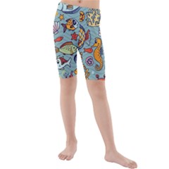 Cartoon Underwater Seamless Pattern With Crab Fish Seahorse Coral Marine Elements Kids  Mid Length Swim Shorts