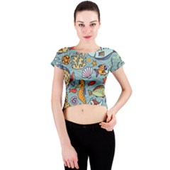 Cartoon Underwater Seamless Pattern With Crab Fish Seahorse Coral Marine Elements Crew Neck Crop Top