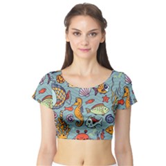 Cartoon Underwater Seamless Pattern With Crab Fish Seahorse Coral Marine Elements Short Sleeve Crop Top