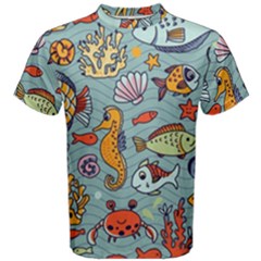 Cartoon Underwater Seamless Pattern With Crab Fish Seahorse Coral Marine Elements Men s Cotton T-shirt by uniart180623