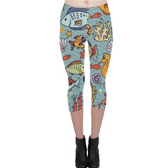 Cartoon Underwater Seamless Pattern With Crab Fish Seahorse Coral Marine Elements Capri Leggings 