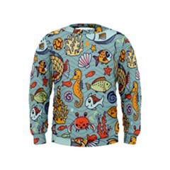 Cartoon Underwater Seamless Pattern With Crab Fish Seahorse Coral Marine Elements Kids  Sweatshirt