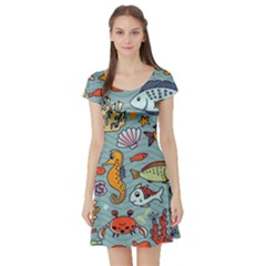 Cartoon Underwater Seamless Pattern With Crab Fish Seahorse Coral Marine Elements Short Sleeve Skater Dress