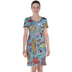 Cartoon Underwater Seamless Pattern With Crab Fish Seahorse Coral Marine Elements Short Sleeve Nightdress