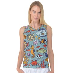 Cartoon Underwater Seamless Pattern With Crab Fish Seahorse Coral Marine Elements Women s Basketball Tank Top