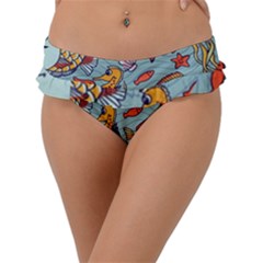 Cartoon Underwater Seamless Pattern With Crab Fish Seahorse Coral Marine Elements Frill Bikini Bottoms