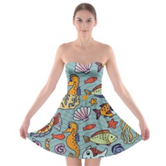 Cartoon Underwater Seamless Pattern With Crab Fish Seahorse Coral Marine Elements Strapless Bra Top Dress