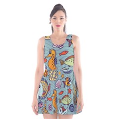 Cartoon Underwater Seamless Pattern With Crab Fish Seahorse Coral Marine Elements Scoop Neck Skater Dress