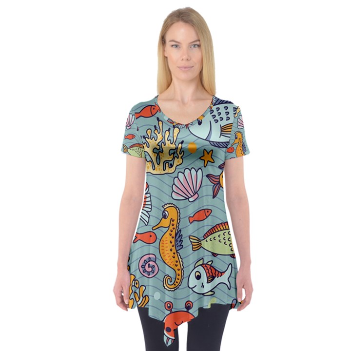 Cartoon Underwater Seamless Pattern With Crab Fish Seahorse Coral Marine Elements Short Sleeve Tunic 