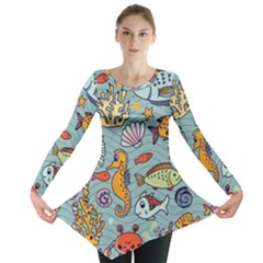 Cartoon Underwater Seamless Pattern With Crab Fish Seahorse Coral Marine Elements Long Sleeve Tunic 