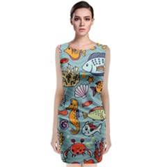 Cartoon Underwater Seamless Pattern With Crab Fish Seahorse Coral Marine Elements Classic Sleeveless Midi Dress