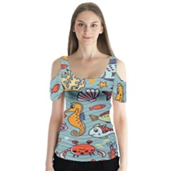 Cartoon Underwater Seamless Pattern With Crab Fish Seahorse Coral Marine Elements Butterfly Sleeve Cutout T-Shirt 