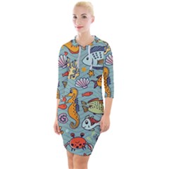 Cartoon Underwater Seamless Pattern With Crab Fish Seahorse Coral Marine Elements Quarter Sleeve Hood Bodycon Dress