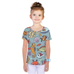 Cartoon Underwater Seamless Pattern With Crab Fish Seahorse Coral Marine Elements Kids  One Piece T-Shirt