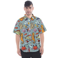 Cartoon Underwater Seamless Pattern With Crab Fish Seahorse Coral Marine Elements Men s Short Sleeve Shirt