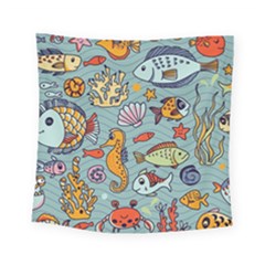 Cartoon Underwater Seamless Pattern With Crab Fish Seahorse Coral Marine Elements Square Tapestry (Small)