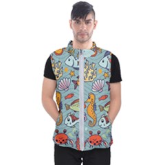 Cartoon Underwater Seamless Pattern With Crab Fish Seahorse Coral Marine Elements Men s Puffer Vest