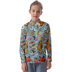 Cartoon Underwater Seamless Pattern With Crab Fish Seahorse Coral Marine Elements Kids  Long Sleeve Shirt