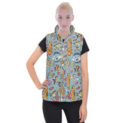 Cartoon Underwater Seamless Pattern With Crab Fish Seahorse Coral Marine Elements Women s Button Up Vest