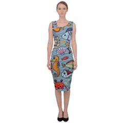 Cartoon Underwater Seamless Pattern With Crab Fish Seahorse Coral Marine Elements Sleeveless Pencil Dress