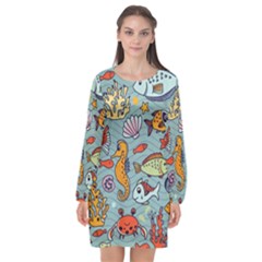 Cartoon Underwater Seamless Pattern With Crab Fish Seahorse Coral Marine Elements Long Sleeve Chiffon Shift Dress 