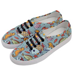 Cartoon Underwater Seamless Pattern With Crab Fish Seahorse Coral Marine Elements Women s Classic Low Top Sneakers