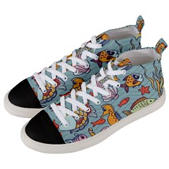 Cartoon Underwater Seamless Pattern With Crab Fish Seahorse Coral Marine Elements Men s Mid-top Canvas Sneakers by uniart180623