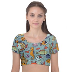 Cartoon Underwater Seamless Pattern With Crab Fish Seahorse Coral Marine Elements Velvet Short Sleeve Crop Top 