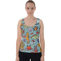 Cartoon Underwater Seamless Pattern With Crab Fish Seahorse Coral Marine Elements Velvet Tank Top