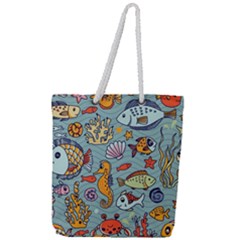 Cartoon Underwater Seamless Pattern With Crab Fish Seahorse Coral Marine Elements Full Print Rope Handle Tote (Large)