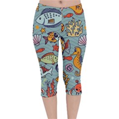 Cartoon Underwater Seamless Pattern With Crab Fish Seahorse Coral Marine Elements Velvet Capri Leggings 