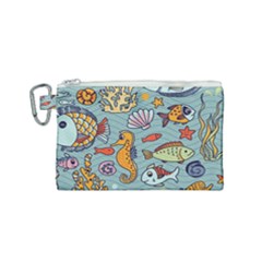 Cartoon Underwater Seamless Pattern With Crab Fish Seahorse Coral Marine Elements Canvas Cosmetic Bag (Small)