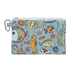 Cartoon Underwater Seamless Pattern With Crab Fish Seahorse Coral Marine Elements Canvas Cosmetic Bag (Large)