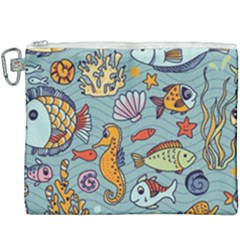 Cartoon Underwater Seamless Pattern With Crab Fish Seahorse Coral Marine Elements Canvas Cosmetic Bag (XXXL)