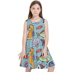 Cartoon Underwater Seamless Pattern With Crab Fish Seahorse Coral Marine Elements Kids  Skater Dress