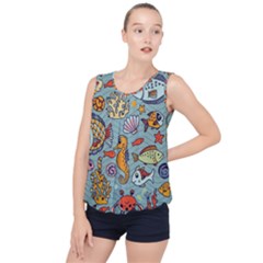 Cartoon Underwater Seamless Pattern With Crab Fish Seahorse Coral Marine Elements Bubble Hem Chiffon Tank Top